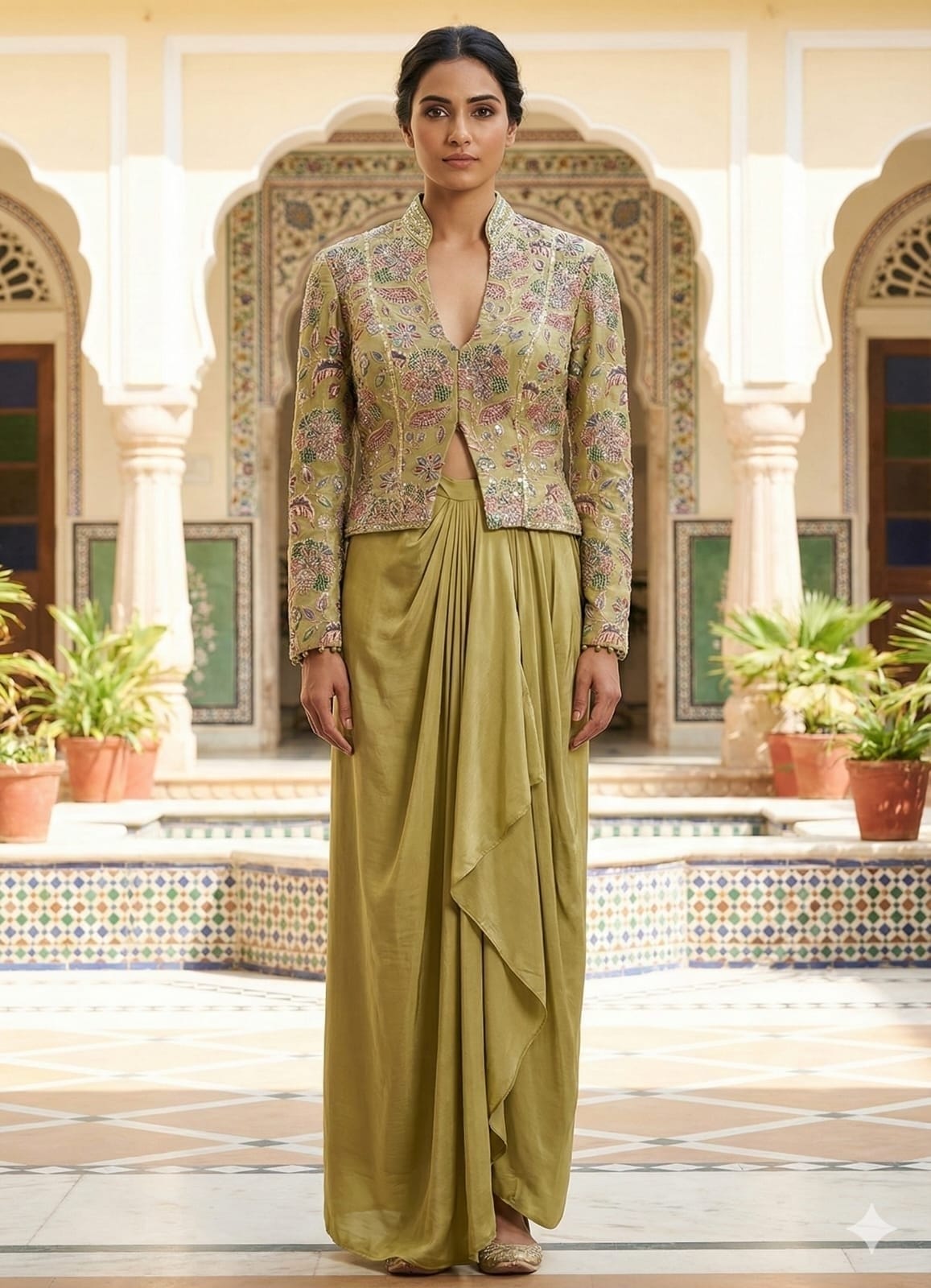 Full Sleeves Embroidered Top Dhoti Set