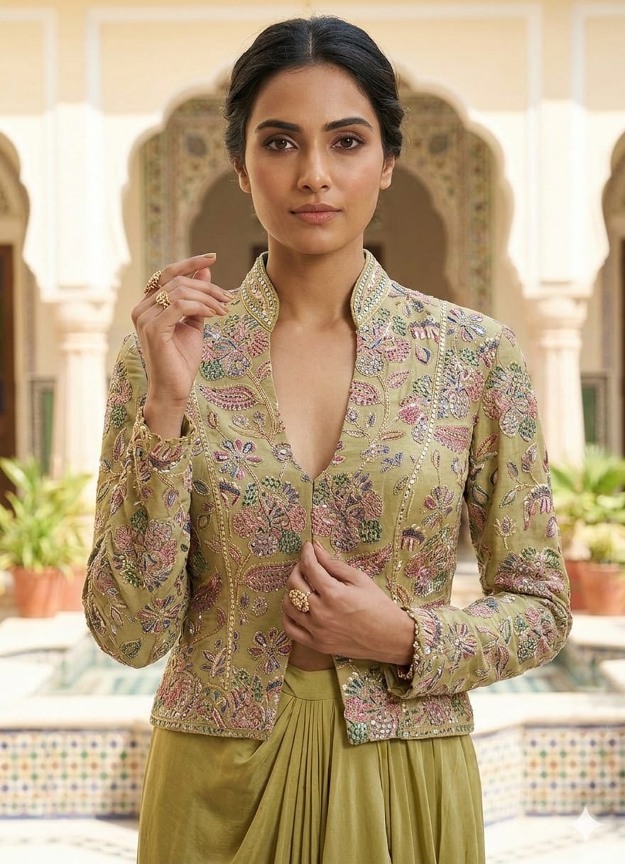 Full Sleeves Embroidered Top Dhoti Set