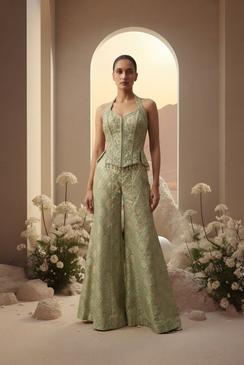Green Halter Neck Sharara Set