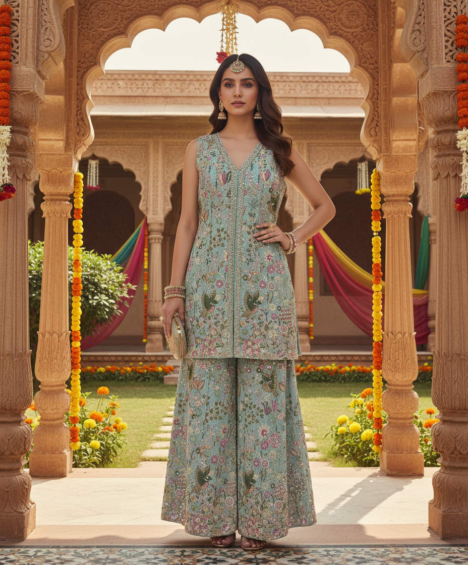 Pastel Floral Embroidered Sharara Set