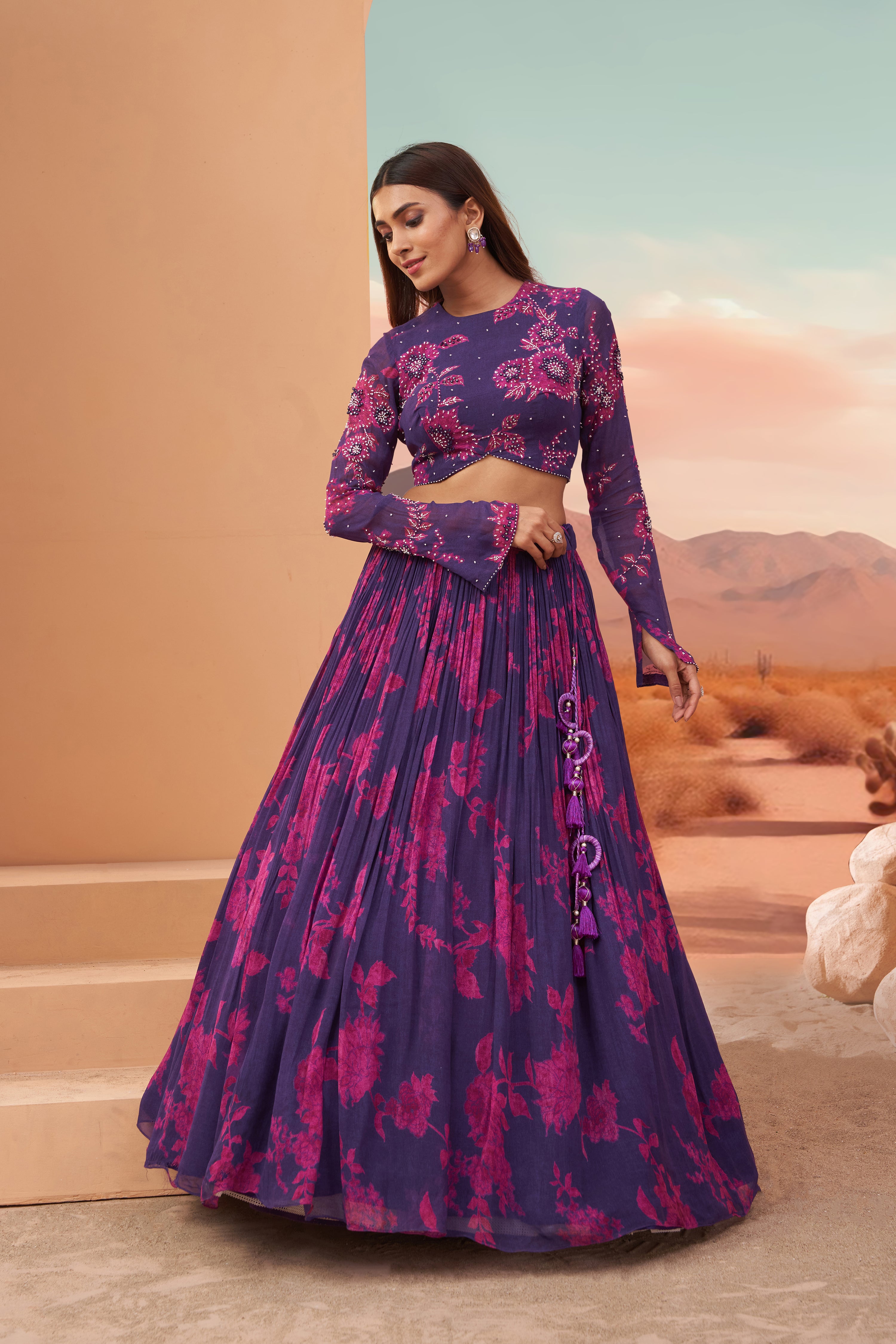 Purple Floral Printed Goregette Lehenga Set