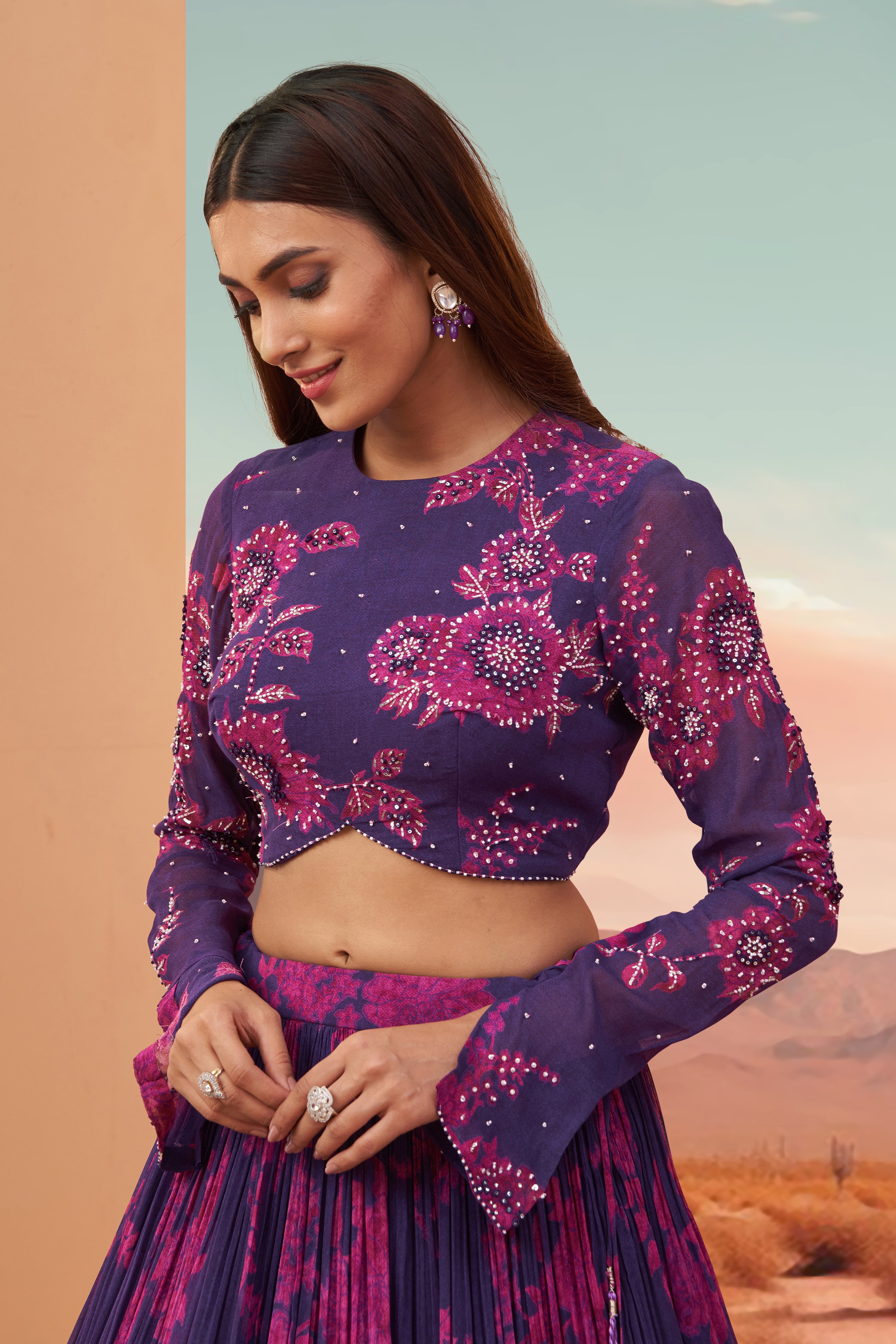 Purple Floral Printed Goregette Lehenga Set