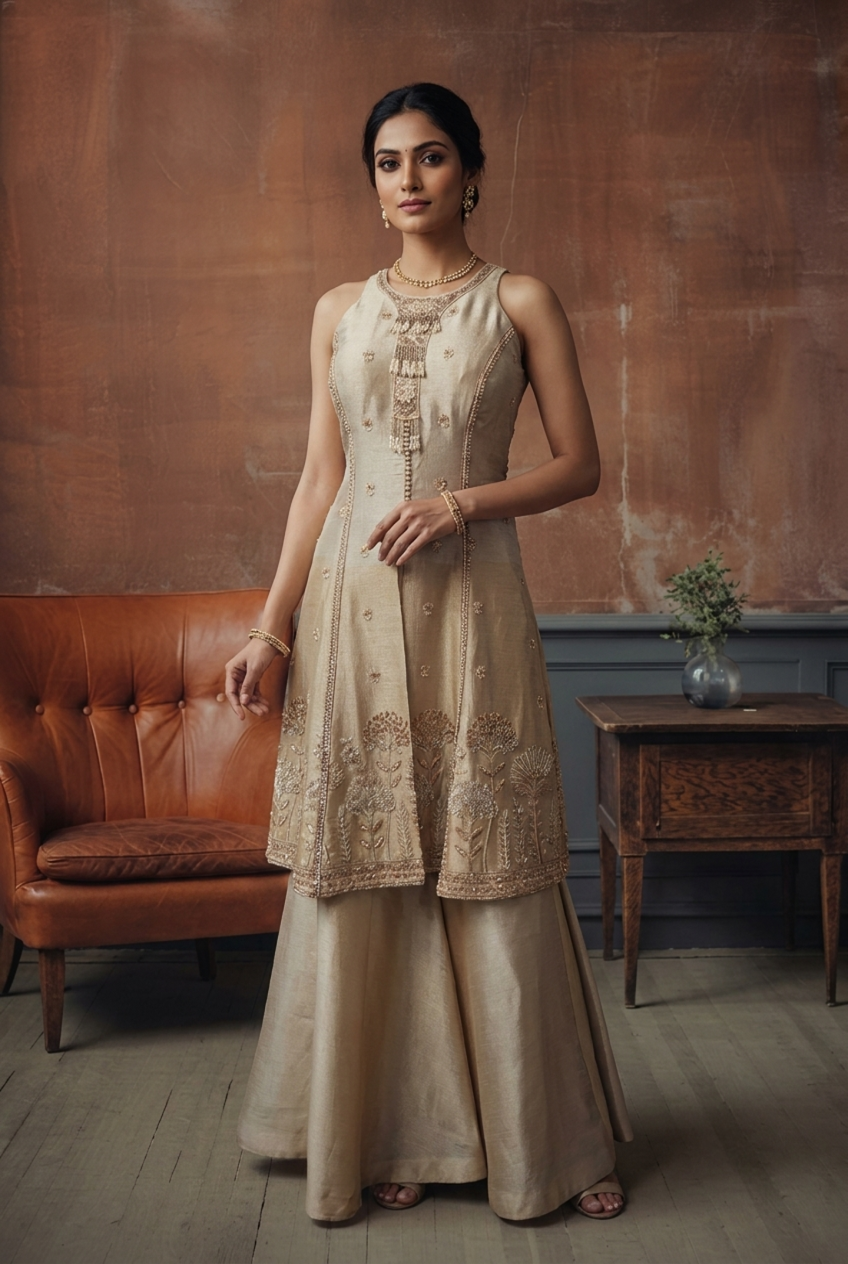 Ivory Embroidered Kurta Sharara Set